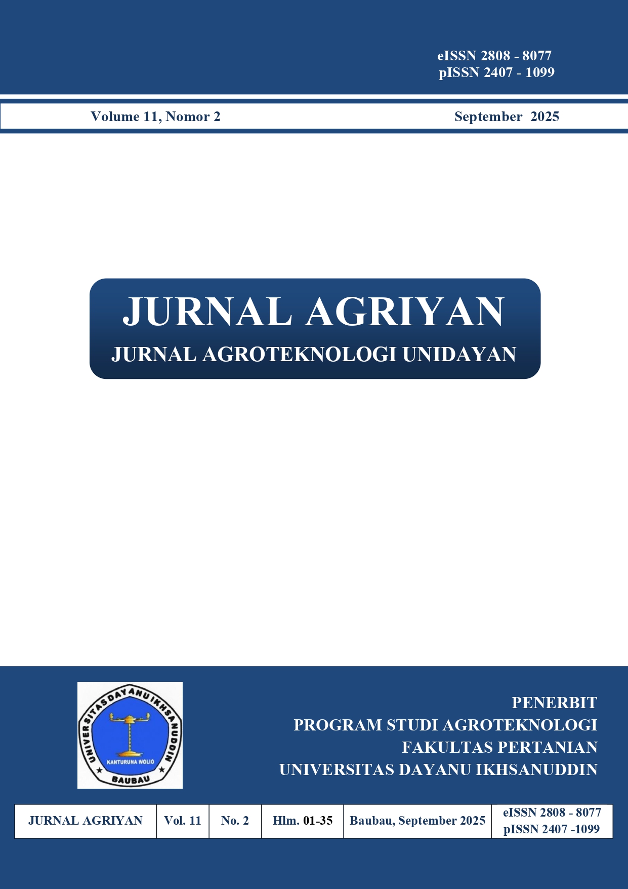 					View Vol. 11 No. 2 (2025): Jurnal Agriyan: Jurnal Agroteknologi Unidayan
				